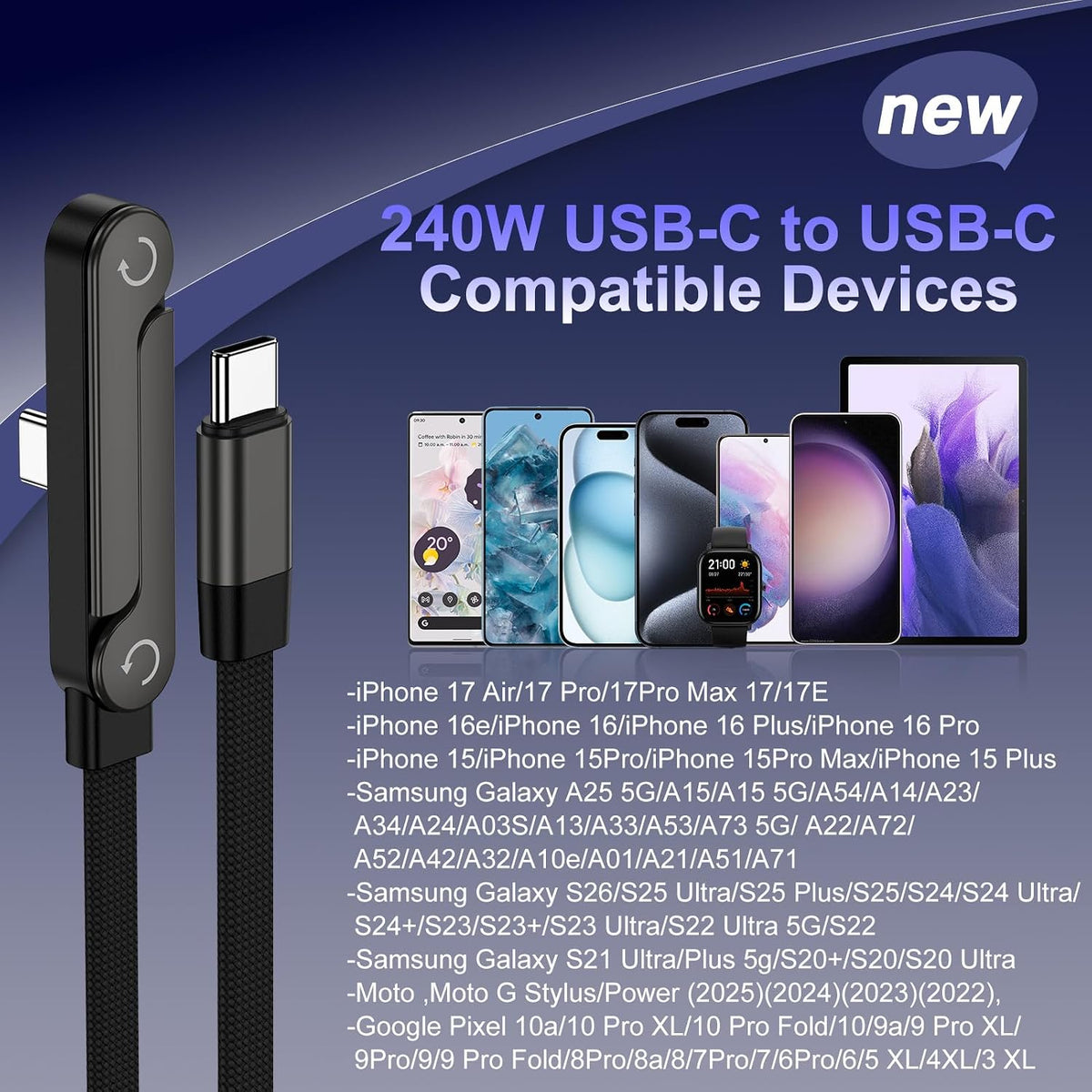 240W Fast Charging USB Type-C Cable 5FT with Built-In Invisible Phone Stand