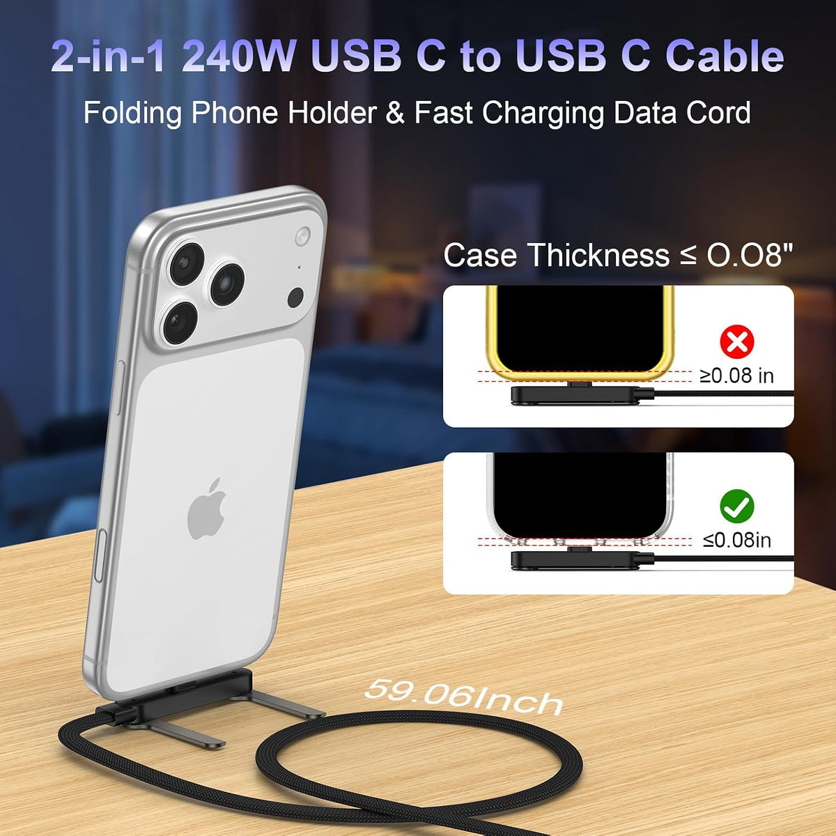 240W Fast Charging USB Type-C Cable 5FT with Built-In Invisible Phone Stand