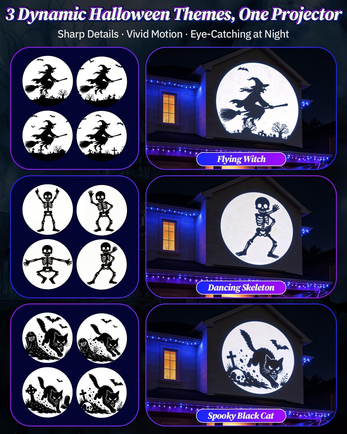 Transform Your Halloween with Our 3-in-1 Animated Projector Lights – Featuring Dancing Skeletons, Flying Witches, and Spooky Black Cats!