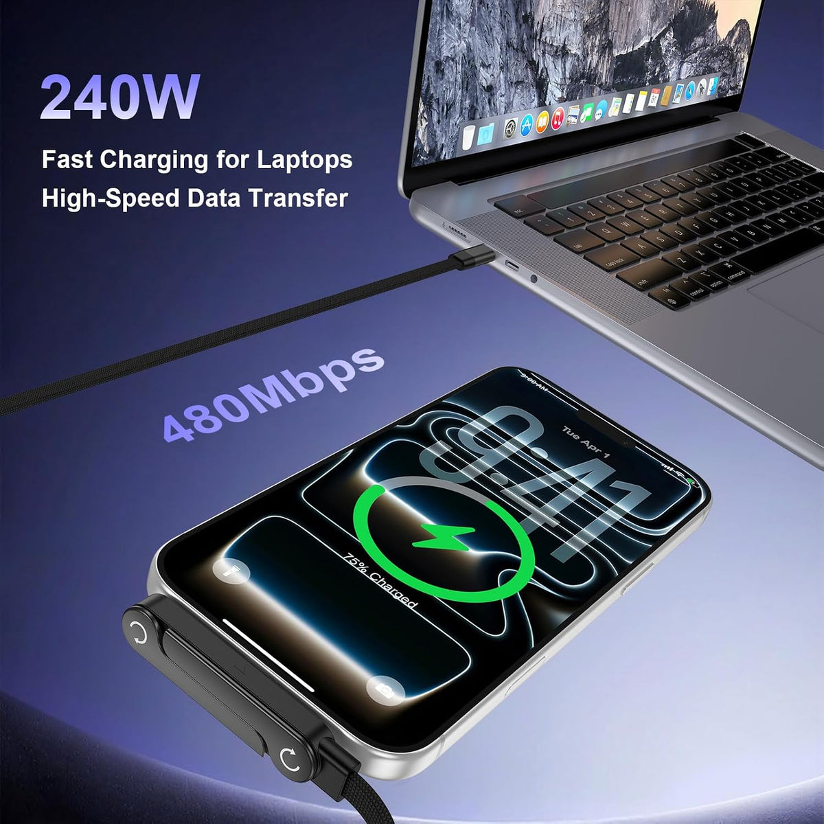 240W Fast Charging USB Type-C Cable 5FT with Built-In Invisible Phone Stand