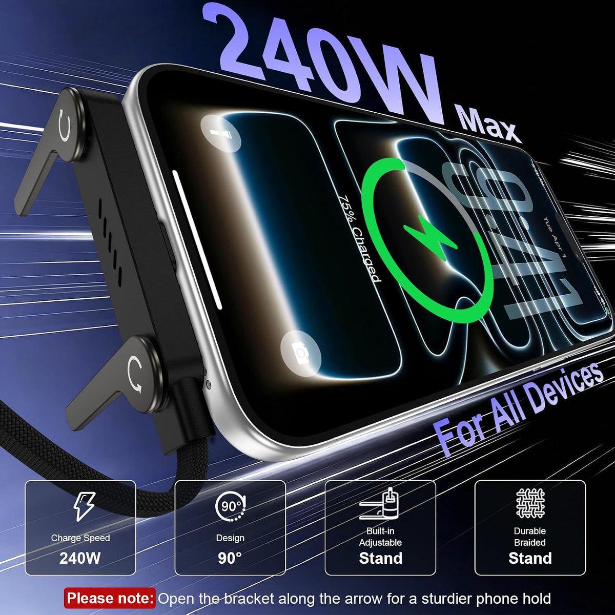 240W Fast Charging USB Type-C Cable 5FT with Built-In Invisible Phone Stand