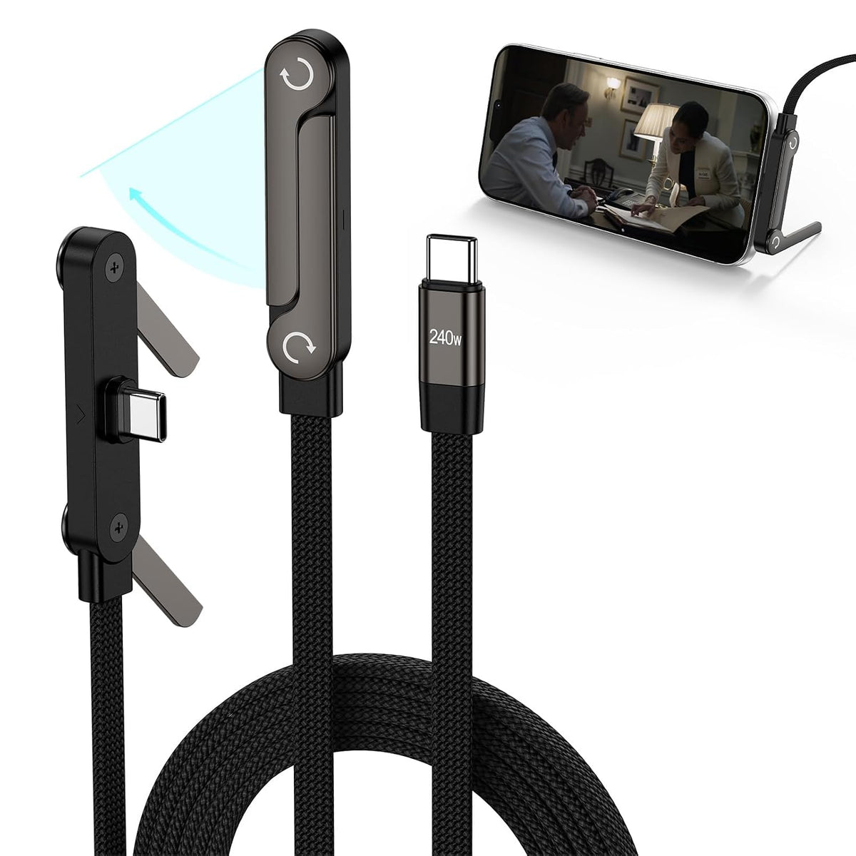 240W Fast Charging USB Type-C Cable 5FT with Built-In Invisible Phone Stand